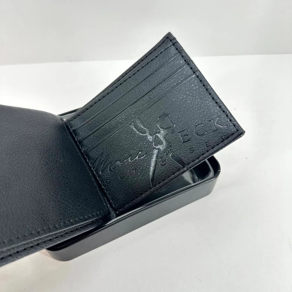 Marc Ecko Wallet Cut & Sew Bifold Black Grey Leather Rhino Logo Tin Box